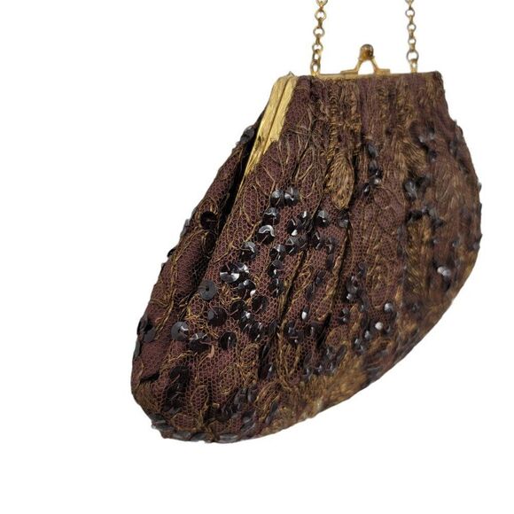 Vtg 50's Baguette Mini Framed Brown Gold Metallic Floral Embroidered Sequin - Picture 8 of 10